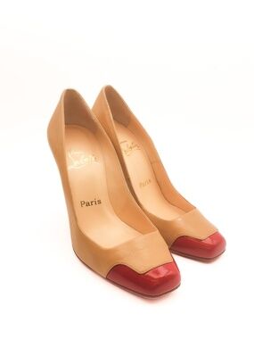 Christian Louboutin Lady Grant 100 Beige Nude Leather Red Cap Pumps EU 37